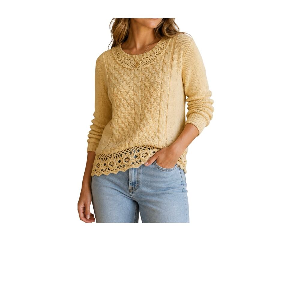 Vintage B.Moss Sweater Womens Size S Yellow Ramie Cotton Crochet Hem & Collar
